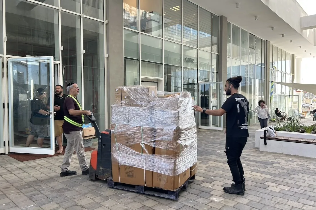 Pallet of hygiene items being distributed
