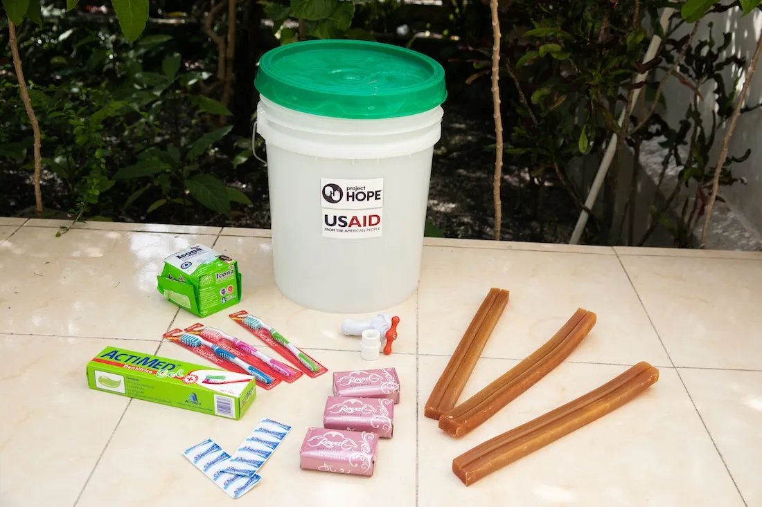 supplies displayed that go inside a hygiene kit.