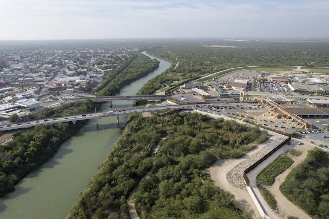 Eagle eye view of the border between Mexico and the United States with a river separating the two countries